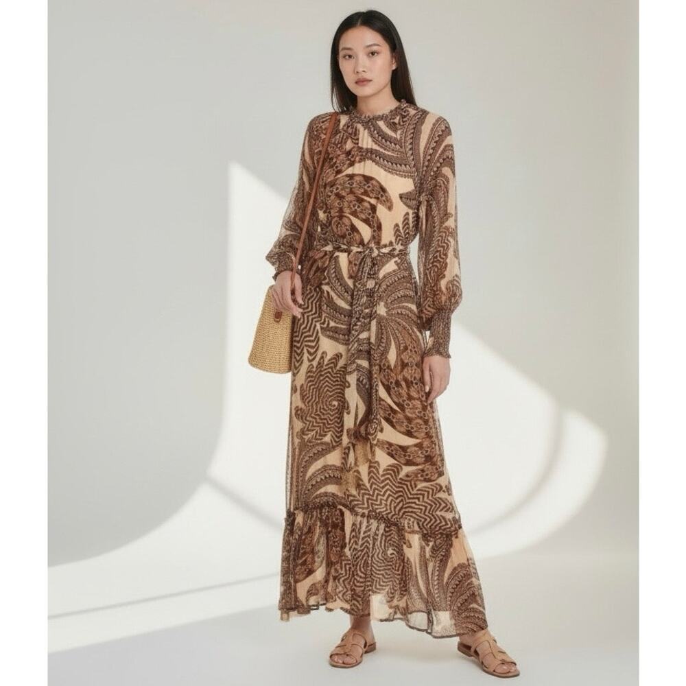 Farm Rio Women's Sand Yawanawa Vanahu Maxi Dress Long Sleeve Brown Size L NWT